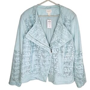 Chicos‎ Faux Suede Moto Jacket Sz 3 XL Boho Cut Out Floral Artsy Stretchy Pastel